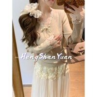 Phong Cách Pháp Cổ Chữ V Nhẹ Nhàng Ren Áo Khoác Bên Trong Áo Nơ Nữ Đáy Áo Len