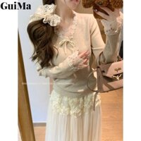 Phong Cách Pháp Cổ Chữ V Nhẹ Nhàng Ren Áo Khoác Bên Trong Áo Nơ Nữ Đáy Áo Len