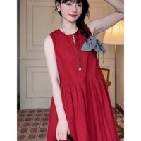 Phong Cách Pháp Retro Màu Đỏ Không Tay Phối Áo Vest Nữ Mùa Hè Mới Eo-Tight Giảm Béo Midi Đầm