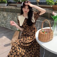 Phong Cách Pháp Retro Peter Pan Cổ Áo Nữ Tay Phồng Rời Cao Cấp Đầm Hoa