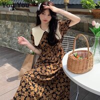 Phong Cách Pháp Retro Peter Pan Cổ Áo Nữ Tay Phồng Rời Cao Cấp Đầm Hoa