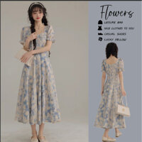 Phong cách Pháp Vuông cắt cổ áo và sơn dầu màu xanh hoa váy của phụ nữ mùa hè eo giảm béo Internet nóng tình yêu đầu tiên Ăn mặc