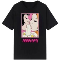 Phong cách retro hook-up 2 cô gái ăn chuối anime hoạt hình Hoa Kỳ Áo thun ngắn tay cổ chữ o Hipster vui nhộn