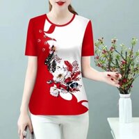 Phong Cách Trung Hoa Đặt Hàng Đầu Tiên Thẳng Thả Kích Thước Quần Áo Nữ Tay Ngắn 2024 In Hình Ôm Hơn Nhìn Đáy Áo Sơ Mi Top Nữ / 1.9