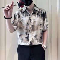 Phong Cách Trung Hoa Mới Phong Cách Trung Hoa Tranh Mực Áo Sơ Mi Tay Ngắn Nam Mỏng Phong Cách Năm Điểm Tay Hợp Thời Trang Mùa Hè Băng Lụa Áo Nam UJBR