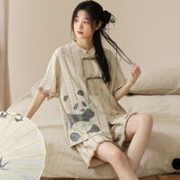 Phong Cách Trung Hoa Phong Cách Mới Gấu Trúc Bộ Đồ Ngủ Nữ Bầu Trời Mùa Hè Tay Ngắn 2024 Phong Cách Mới Cao Cấp Dệt Kim Cotton Mỏng Phong Cách Homewear