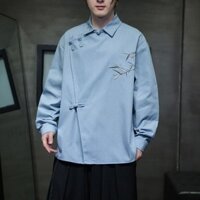 Phong Cách Trung Hoa Thêu Áo Sơ Mi Denim Nam Dài Tay Cổ Tròn Đứng Cổ Trung Sơn Áo Sơ Mi Mùa Xuân Mới Phong Cách Trung Hoa Nút Đường Phù Hợp Với Nam @250108