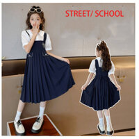 Phong cách trường học / 4-16 tuổi Học sinh Váy chữ A Váy ngắn tay thời trang Váy xếp ly