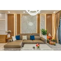 Phòng khách sang trọng hiện đại với sự kết hợp hoàn hảo tấm ốp gỗ nhựa và tấm giả đá Pvc