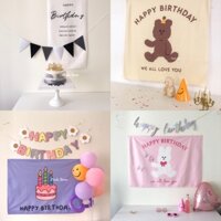 Phông Nền Vải Trang Trí Tiệc Tùng Sinh Nhật chữ Happy Birthday/Mặt Cười/Gấu/Bánh / Hoa Lá Cành