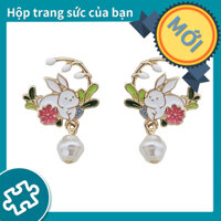 Phòng thí nghiệm của cô ấy Bông tai thỏ ngọt ngào và dễ thương Màu sắc tương phản Bông tai ngọc trai hoa tươi