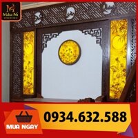 Phong thủy phòng thờ Tranh trúc chỉ in MÂU NI, Combo 2 vách 30x120cm sen hội tụ + đèn tròn 50cm sen trăng