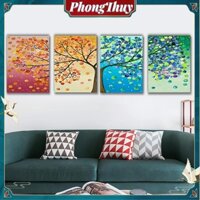 PhongThuy Bộ 4 bức tranh sơn dầu theo mùa Nghệ thuật treo tường đương đại Cây lá đầy màu sắc