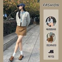 Phù Hợp Với Áo Sơ Mi Ba Mảnh Áo Khoác Màu Xám Nữ Len Ngắn Dài Tay Váy Thu Đông Phong Cách Mới Denim