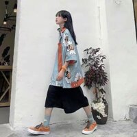 Phù Hợp Với Nữ Mùa Hè Mới Sinh Viên Phong Cách Hàn Quốc Áo Sơ Mi Hoa Cúc Chặn Màu + Chân Rộng Quần Crop Bông Tai Kẹp Bộ Hai Mảnh