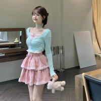 Phù Hợp Với Nữ Mùa Xuân Sen Xanh Giảm Béo Top + Bánh Ren Hồng Váy Phồng Hai Mảnh Bộ