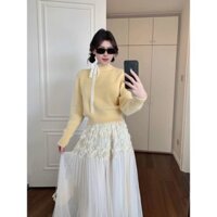 [Phù hợp với trang phục phong cách Hàn Quốc] [Bộ sưu tập 4196 người] Áo len dệt kim dài tay sáp mềm mại kiểu dáng nhẹ nhàng Váy dài siêu cổ tích gạc dành cho nữ mùa thu W