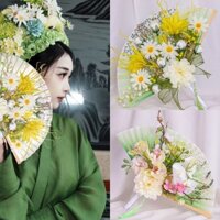 Phụ kiện chụp ảnh phong thủy kiểu Trung Quốc mới, kẹp tóc, quạt nhảy, quạt gấp, phong cách cổ điển nữ màu xanh lá cây và xanh dương, lụa