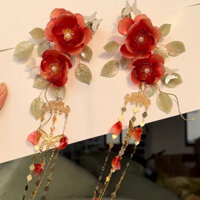 Phụ kiện tóc thủy tinh hoa trà đỏ, bộ phụ kiện tóc cổ điển Hanfu với tua dài thủ công nặng