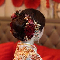 Phụ kiện tóc váy Xiuhe, phong cách retro Trung Quốc, màu đỏ rượu vang, kẹp tóc hoa cổ điển, phụ kiện trang trọng cho váy MBAC