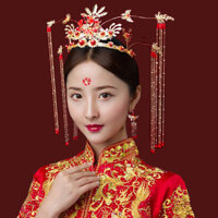 Phụ Kiện Tua Rua Bông Tai Bộ Băng Đô Xiuhe Quần Áo Phụ Kiện Đầu Vương Miện Phụ Kiện Tóc Cổ Điển Cưới Thái Trung Quốc Retro 25.3.24