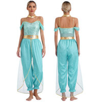Phụ Nữ Ả Rập Jasmine Công Chúa Trang Phục Hóa Trang Không Tay Sáng Bóng Kim Sa Lấp Lánh Đá Quý Đính Thân Thể Với Choker Halloween Carnival Đảng Trang Phục