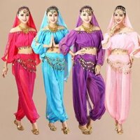 Phụ Nữ Ấn Độ Bụng Khiêu Vũ Trang Phục Vàng Kim Sa Lấp Lánh Vai Áo Thun Crop Dài Tay Áo Quần Khăn Trùm Đầu Bộ