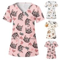 Phụ Nữ Chà Đầu Với Cổ Chữ V Chó Mèo Hoạt Hình Chà Đồng Phục Mỏng Y Tá Chà Áo Dành Cho Nữ Áo Tay Ngắn Chăm Sóc Sức Khỏe Tunic