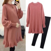 Phụ Nữ Mang Thai Mùa Thu Ăn Mặc Bộ Đồ Thời Trang Size Lớn Trung Bình Dài Lỏng Lẻo A Chữ Áo Len Váy Dệt Kim Áo Khoác