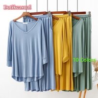 Phụ Nữ Modal Cotton 2 Bộ Túi Quần Rộng Cổ Chữ v Áo Sơ Mi Tay Vừa Mùa Hè 2025 Mùa Xuân Mới Bộ Đồ Ngủ Thường Ngày Kích Thước Lớn Loungewear Phù Hợp Với
