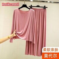 Phụ Nữ Modal Rời 2 Bộ Cổ Tròn Trơn Thoải Mái Thu Đông 2025 Mùa Hè Mỏng Dài Tay Bộ Đồ Ngủ Thường Ngày Kích Thước Lớn Bộ