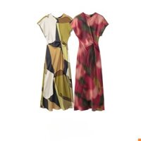 Phụ Nữ Mới Châu Âu Phong Cách Mỹ Thời Trang Lụa Satin Họa Tiết In Hình Quạt Sáo Đầm 2454163