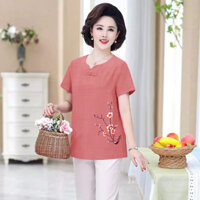 Phụ Nữ Mỏng Hơn Nhìn Cotton Nguyên Chất Top Ngắn Tay Người Cao Tuổi Trung Niên Áo Thun Quần Áo Mẹ Rời Plus Kích Thước Vải Lanh Cotton Nữ Trung Niên
