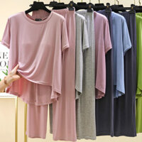 Phụ Nữ Ngực Miếng Lót 2 Bộ Modal Đồng Bằng Bộ Rời Áo Thun Tay Ngắn Bộ Đồ Ngủ 2025 Mùa Hè Loungewear Quần Rộng