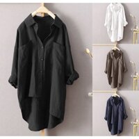 Phụ Nữ Phong Cách Thường Ngày Áo Sơ Mi Màu Mùa Thu Vải Lanh Cotton Cardigan Đôi Túi Dài Tay Top 7 Màu 8 Kích Cỡ