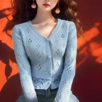 Phụ Nữ Rỗng Cổ Chữ V Dệt Kim Cardigan Màu Trơn Dài Tay Áo Len Đơn Ngực Ngắn Mỏng Áo Khoác Ngoài Xanh Dương