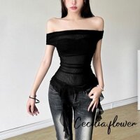 Phụ Nữ Tắt Vai Áo Lưới Màu Trơn Sheer Cổ Thuyền Áo Thun Mùa Hè Xù Slim Fit Áo Sơ Mi Dạo Phố