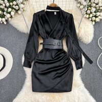 Phụ Nữ Thường Ngày Đi Biển Thanh Lịch Phong Cách Tiệc Mùa Xuân Gợi Cảm Cổ Chữ V Bong Bóng Dài Tay Cao Cấp Ôm Xếp Ly Ruy Băng Treo Cổ Đen Áo Sơ Mi Lụa Đầm Cho Nữ