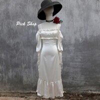 Pick Shop - Ảnh thật - Đầm lụa trắng dài tay cổ vuông phong cách cổ điển D063