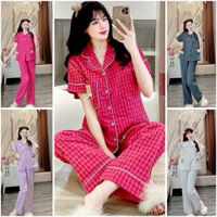 Pijama, đồ bộ kẻ tay ngắn quần dài ,đồ bộ mặc ở nhà, bộ cotton nữ quần dài chất vải đũi kẻ ô free size từ 40- 60 kg xinh
