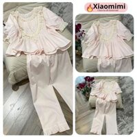 Pijama đồ ngủ mùa hè chất thô cổ yếm nền hồng phấn sang chảnh, đồ bộ nữ đồ mặc nhà sang chảnh HCOM25122 Xiaomimi