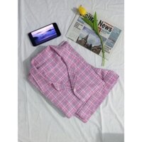 Pijama hàn quốc bộ đồ ngủ thô kẻ caro màu hồng hàng thiết kế (Ảnh thật)