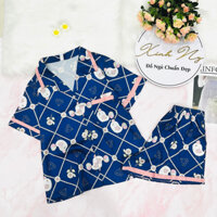 Pijama quần đùi lụa xướt cổ truyền thống in họa tiết