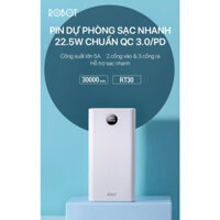 Pin dự phòng 30.000mAh ROBOT RT30 White Chính hãng (Rated 22.200mAh, 2 cổng USB: 4.5V-5A, 5V-4.5A, 9V-2A, 12V-1.5A), 1 c