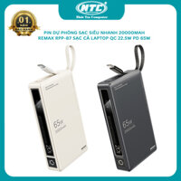 Pin dự phòng sạc laptop Remax RPP-87 20000mAh siêu nhanh PD 65W QC 22.5W - tích hợp cáp in/out (2 màu)