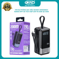 Pin dự phòng sạc laptop 20000mAh Remax RPP-59 sạc siêu nhanh 65W, tích hợp cáp in out, LCD báo dòng sạc, lõi pin Lion, PD 65W và QC 60W (đen)