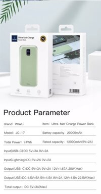 Pin dự phòng Wiwu Ultra-fast Charge JC-17 Cho Iphone Và Điện Thoại HUAWEI Đa Bảo Vệ, Sạc An Toàn Trên Máy Bay - Hàng Chính Hãng