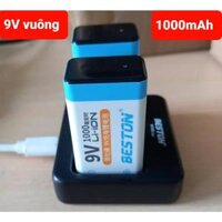 Pin sạc 9V Beston Li-Ion dung lượng cao, bộ sạc pin vuông dùng cho micro, đồng hồ vạn năng, chuông báo động, đồ chơi - 2 pin1000mAh kèm sạc