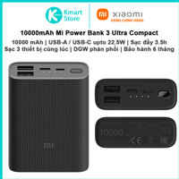 Pin sạc di động 10000mAh Mi Power Bank 3 Ultra Compact | 2*USB-A / 1*USB-C Upto 22.5W | BHR4412GL | Bảo hành 6 tháng