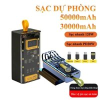 Pin Sạc Dự Phòng 30000 50000MAH sạc nhanh PD120W/20W tích hợp 4 dây sạc tích hợp đèn led chiếu sáng